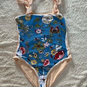 Floral Blue and Beige Swimsuit